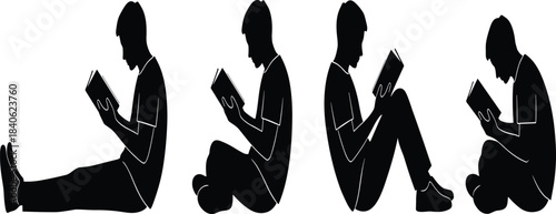 Four Male Student Silhouettes Reading Books, Sitting Down in Various Poses for Education, Learning, Study, or Leisure Activity Vector