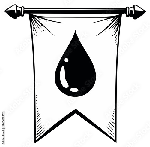 Vintage sketch of a hanging pennant flag displaying a dark stylized water drop symbol on a pole