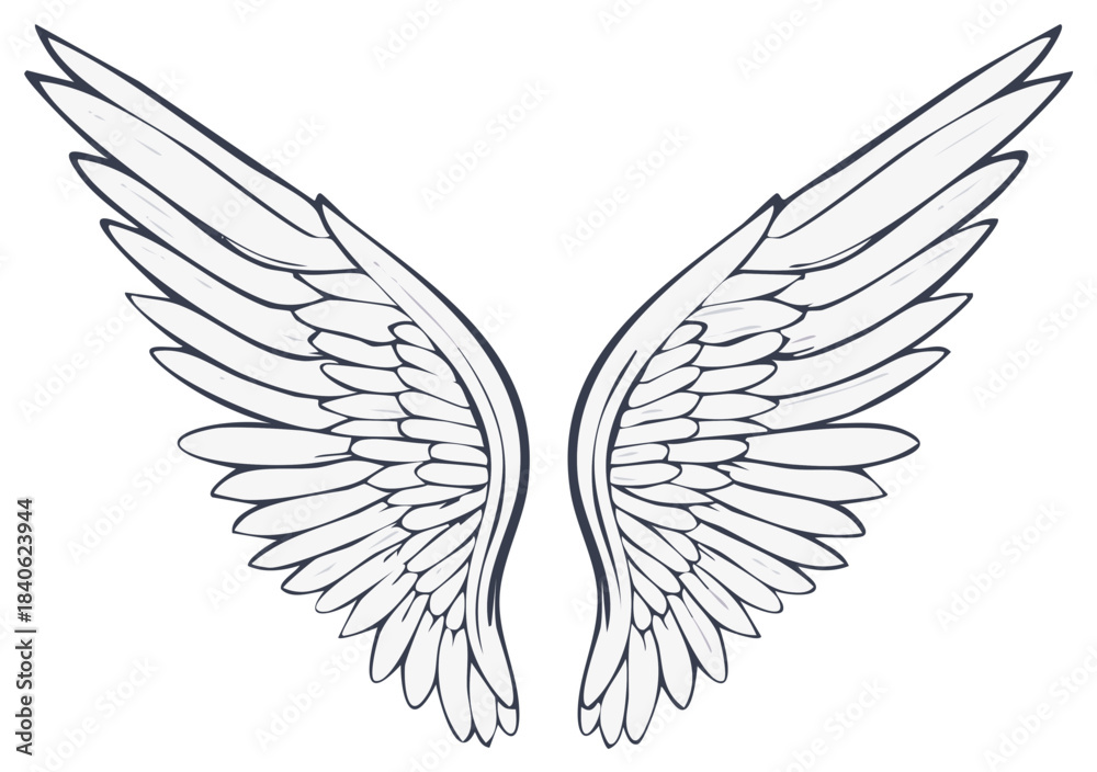 Obraz premium Elegant graphic illustration of a pair of stylized wings with detailed feathers, representing freedom, flight, and aspiration