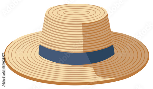Cartoon straw hat with blue ribbon Summer fashion accessory illustration