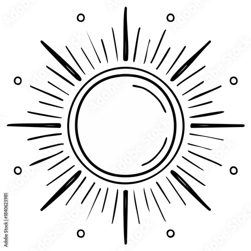 Hand Drawn Celestial Sun Outline Starburst Design Element Radiating Light Shine Energy