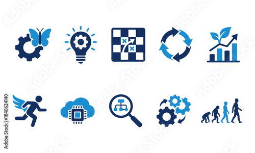 Innovation and growth icons set illustrating creativity, strategy, agile process, digital transformation, and human evolution in modern blue flat style.