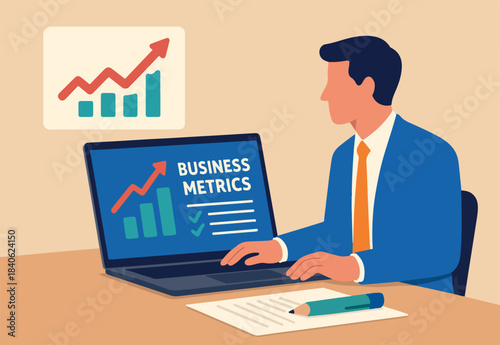 Business metrics success measurement, growth progress diagram research, planning development diagram chart, performance analysis, businessman work with computer with business measuring metrics.