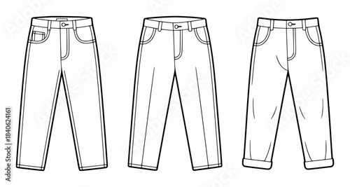 Line of three different styles of waisted trousers with front pockets pants black