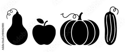 Black Silhouette Of Pear Apple Pumpkin And Gourd Vegetables