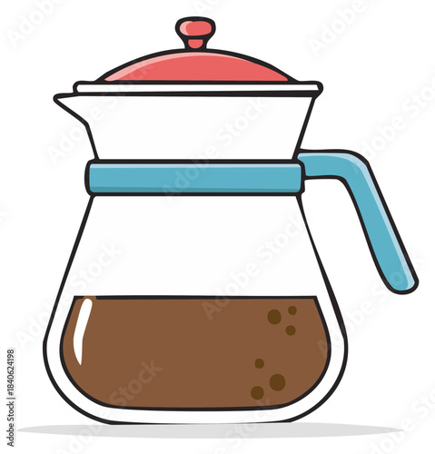 Glass coffee pot with handle and lid filled with dark liquid and grounds