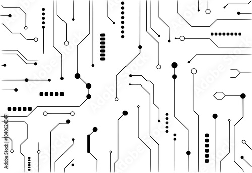Black and white intricate electronic circuit board pattern with detailed pathways and nodes