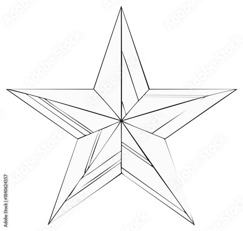 Five pointed star shape with geometric facets and sharp edges in outline illustration