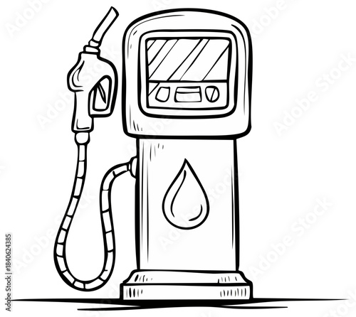 Hand drawn illustration of a gas pump, fuel dispenser with nozzle, vintage retro style