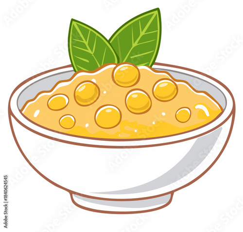 Delicious Yellow Soup or Porridge with Fresh Green Herb Garnish in a White Bowl
