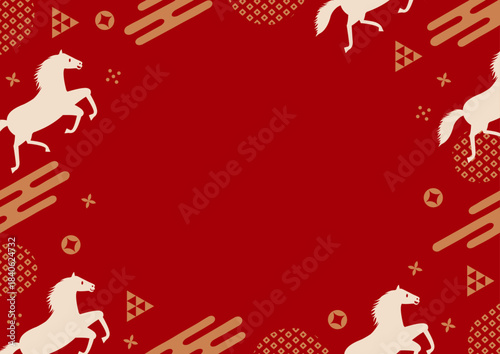午年をイメージした走る馬と和柄のPOPなフレーム_赤
