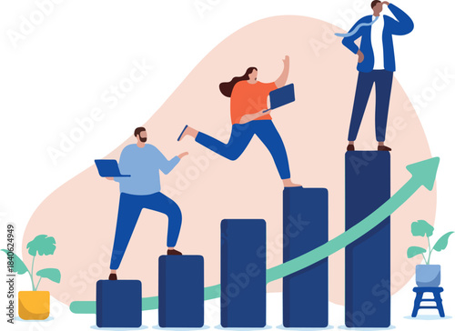 Business success - Businesspeople on rising diagram chart, smiling, cheerful and positive while looking forward at future progress. Growth and achievement concept, flat design illustration