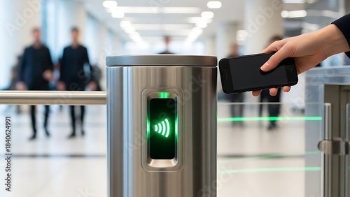 Hand holding access card to unlock modern security turnstile with green light
