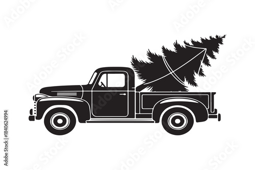 Old truck carrying a fir tree for christmas, winter holiday design