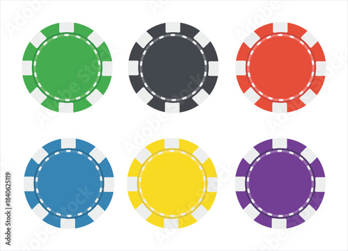 Six colorful poker chips in different hues isolated on white background