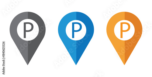 Parking Location Map Pin Icon Set in Multiple Colors, Vector Illustration