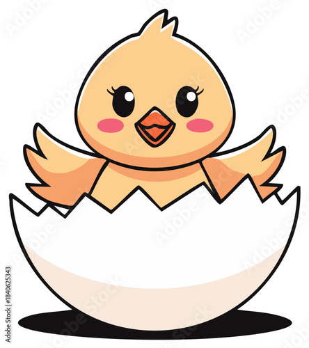 Adorable cartoon chick hatching from a white egg with fluffy feathers and rosy cheeks
