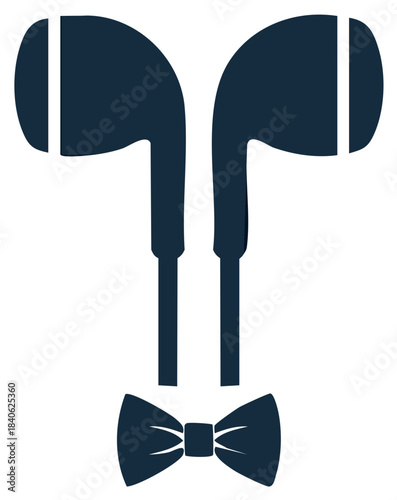 Stylized Dark Blue Earbuds and Bow Tie Forming a Face or Figure Shape
