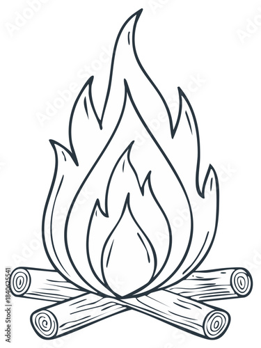 Campfire in outline style with crossed logs and stylized flames