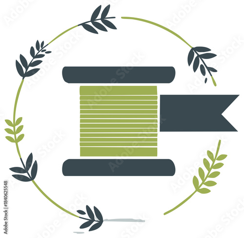 Sewing spool icon surrounded by leaves, flat design, craft concept, logo