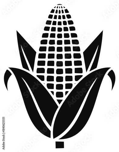 Graphic illustration of a fresh corn on the cob with leaves, vector silhouette.