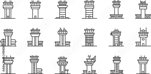 Collection of airport air traffic control tower vector icons featuring various tower designs in clean modern line style illustration