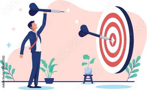 Business target aiming - Businessman with dartboard hitting accurate bullseye perfectly. Success and achievement in career and work concept in flat design vector illustration with white background