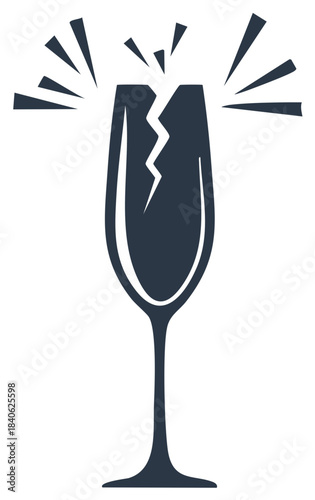 Cracked champagne glass silhouette illustration, breakage concept, fragile symbol