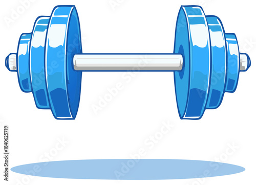 Digital illustration of blue dumbbell with weight plates, health and fitness concept, gym equipment, cartoon style.