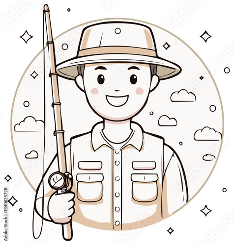 Cartoon fisherman holding fishing pole with tackle, smiling outdoors