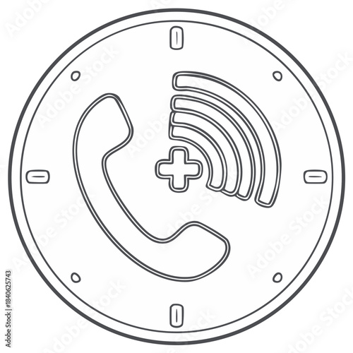 Emergency call icon featuring a telephone handset plus symbol and wireless signal waves