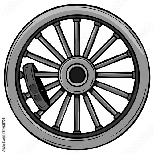 Illustrative antique metal wheel with spokes for vintage or retro vehicle part