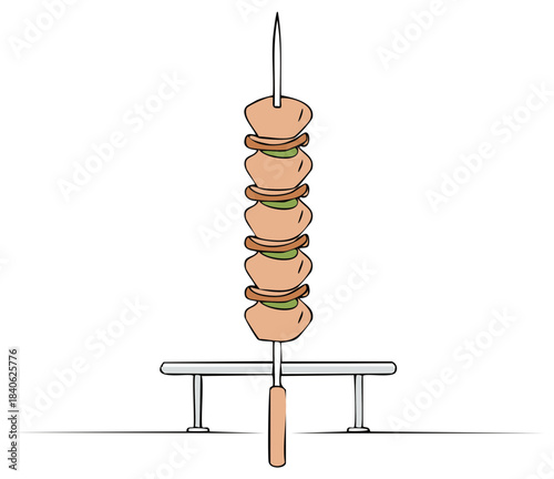 Cartoon style shish kebab skewer with savory meat and fresh vegetable pieces