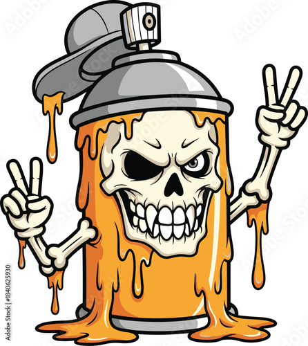Cartoon spray paint can with skull face, skeletal arms, dripping orange paint, graffiti horror theme, flat vector illustration