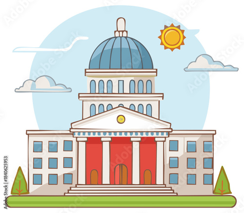 Illustrated Government Building with Columns and Dome on Sunny Day