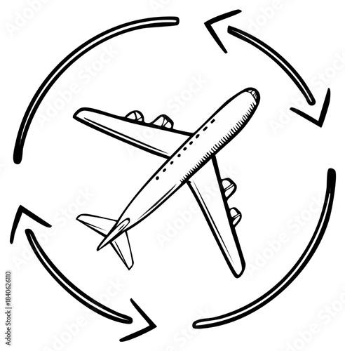 Hand drawn airplane in circular motion with directional arrows symbolizing travel or flight path