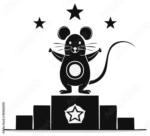 Cartoon mouse standing on a pedestal surrounded by stars. Illustration.