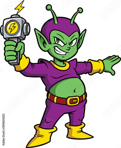Cartoon alien with ray gun, green skin, mischievous grin, sci-fi outfit, confident pose, flat vector illustration