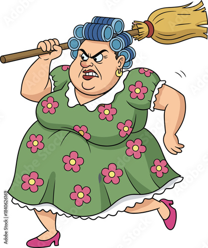 Cartoon angry woman with broom, blue hair in curlers, floral dress, comic rage scene, humorous action, flat vector illustration