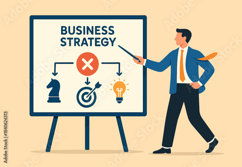 Business strategy planning, marketing tactic or winning strategy to achieve target, project blocker and solution to be success concept, smart businessman presenting business strategy on whiteboard.