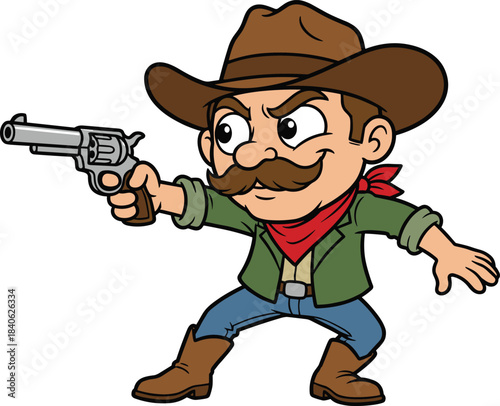 Cartoon cowboy with revolver, wide stance, mustache, Western outfit, determined expression, Wild West theme, flat vector illustration