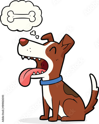 Cartoon dog thinking about bone, cute pet character with tongue out and thought bubble - flat vector illustration
