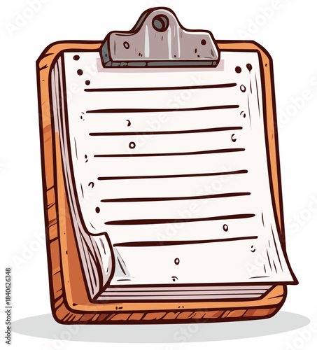 Cartoon-style clipboard illustration with blank paper pages, ready to take notes and information.
