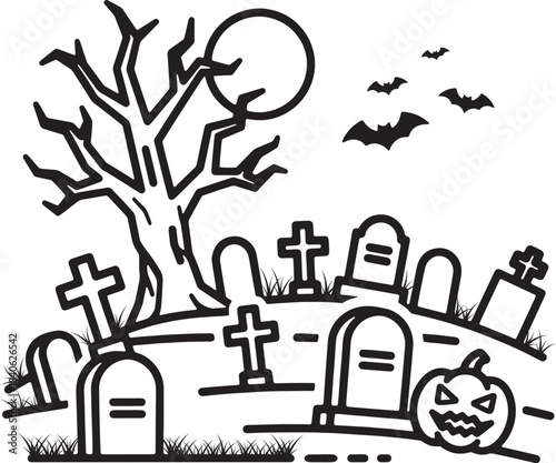 Halloween graveyard pumpkin jack o lantern bat scary tree grave icon logo vector silhouette symbol sign bold line art spooky holiday carving graphic design