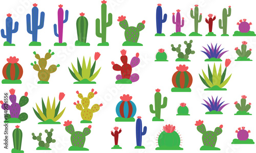 Flat design cactus collection with desert plants, blooming succulents, green cacti, floral elements, and nature botanical illustration set