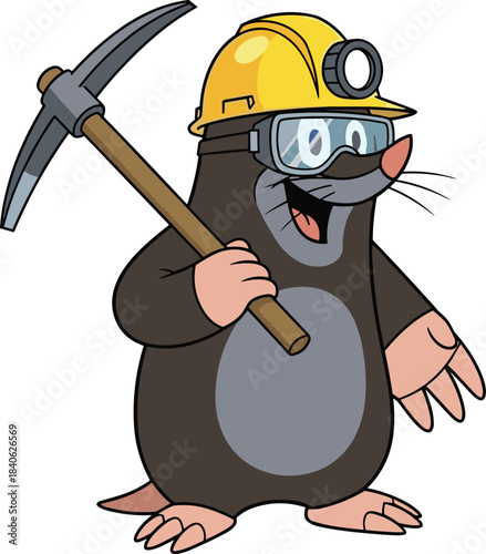 Cartoon mole miner with pickaxe, yellow helmet and goggles, cheerful underground character, excavation theme, flat vector illustration