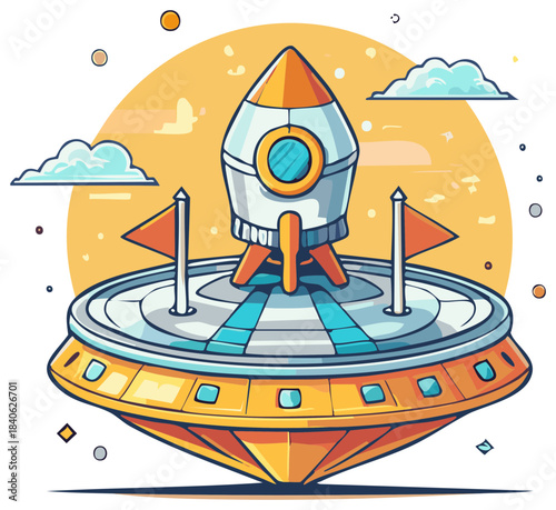 Cartoon rocket ship ready for launch on a flying saucer landing pad with flags and clouds