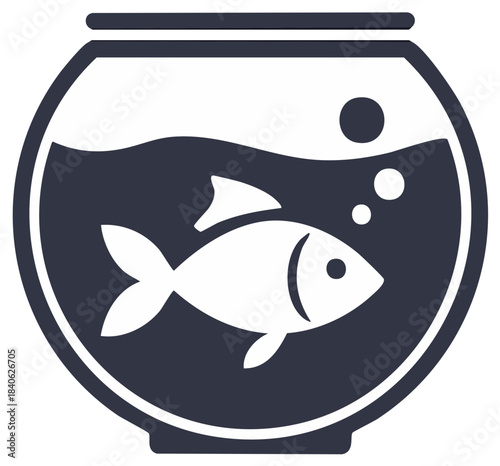 Minimalist icon illustration depicting a single fish swimming inside a classic round fishbowl with water and rising bubbles