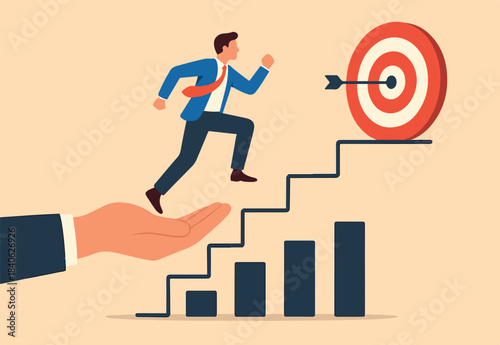 Business support or mentorship to assist employee to success, helping hand or encouragement for teammate to achieve business goal, businessman jumping up giant hand growth ladder to progress target.