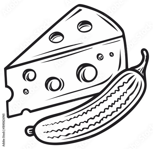Bold line art illustration of a wedge of Swiss cheese and a pickled gherkin
